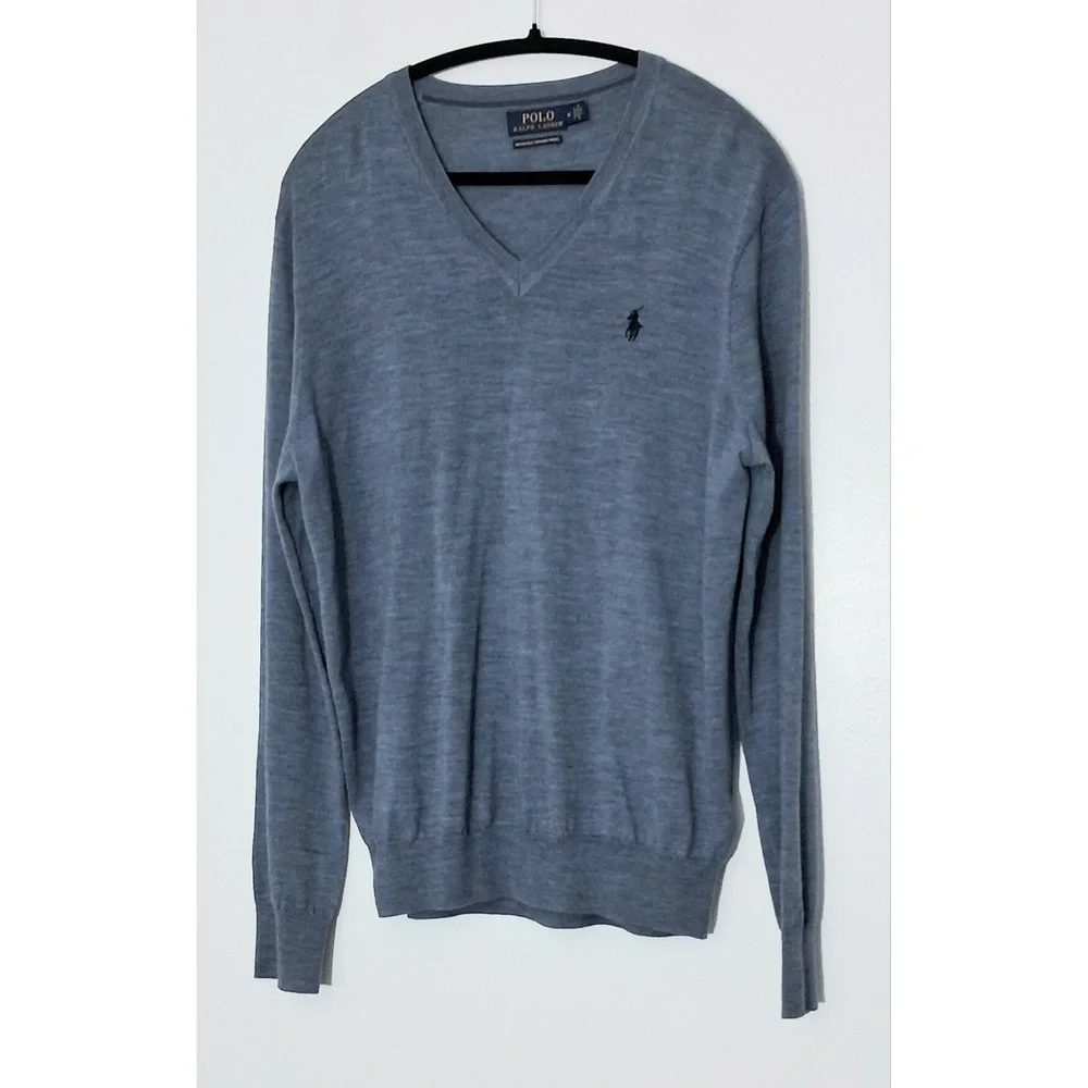 Polo Ralph Lauren Sweater Men's Medium Blue Washable Merino Wool V-Neck Preowned